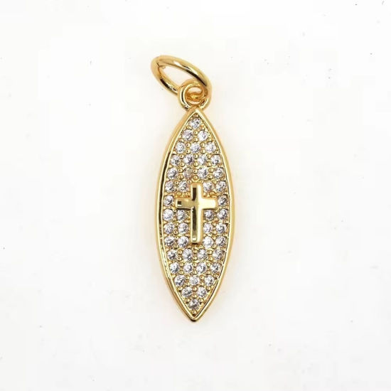 Bild von 2 Stück Messing Religiös Charms Großhandel 18K Vergoldet Marquise Kreuz Micro Pave Klar Kubischer Zirkon 25mm x 7mm