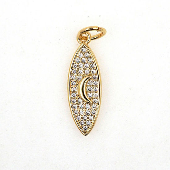 Bild von 2 Stück Messing Galaxis Charms Großhandel 18K Vergoldet Marquise Mond Micro Pave Klar Kubischer Zirkon 25mm x 7mm