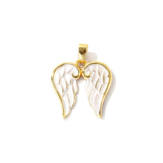 Bild von 2 Stück Umweltfreundlich Messing Charm-Anhänger Großhandel 18K Echtgold plattiert Weiß Flügel Spritzlackierung 23mm x 18mm
