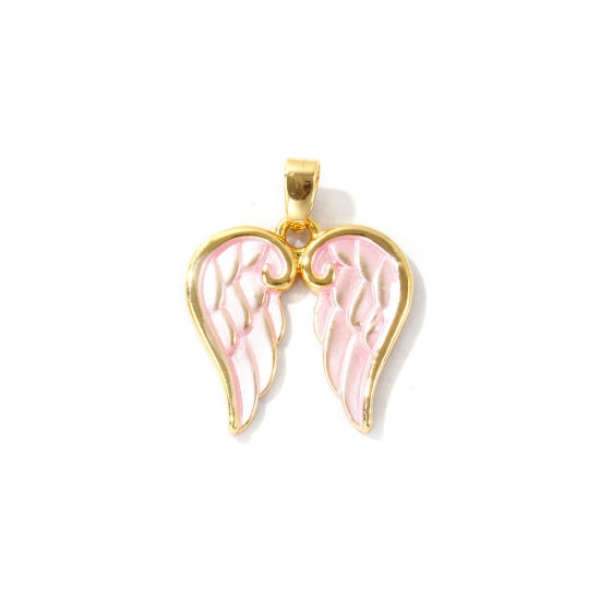 Bild von 2 Stück Umweltfreundlich Messing Charm-Anhänger Großhandel 18K Echtgold plattiert Hellrosa Flügel Spritzlackierung 23mm x 18mm