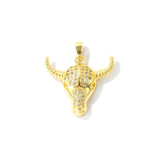 Picture of 2 PCs Eco-friendly Brass West Cowboy Charm Pendant Wholesale 18K Real Gold Plated Bull Head/ Cow Head Clear Cubic Zirconia 25mm x 23mm