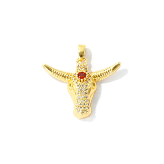Picture of 2 PCs Eco-friendly Brass West Cowboy Charm Pendant Wholesale 18K Real Gold Plated Bull Head/ Cow Head Amber Rhinestone Clear Cubic Zirconia 26mm x 26mm