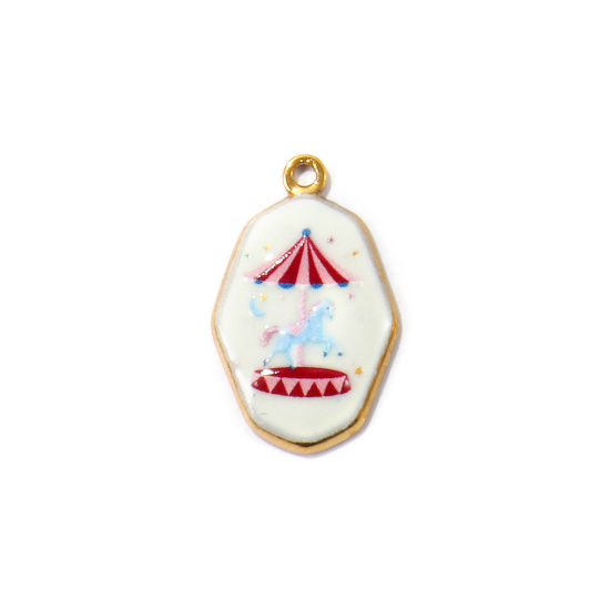 Picture of 2 PCs Eco-friendly PVD Waterproof Anti-Tarnish Hypoallergenic 304 Stainless Steel Charms Wholesale 18K Real Gold Plated Multicolor Polygon Rocking Horse Printed 25mm x 16mm