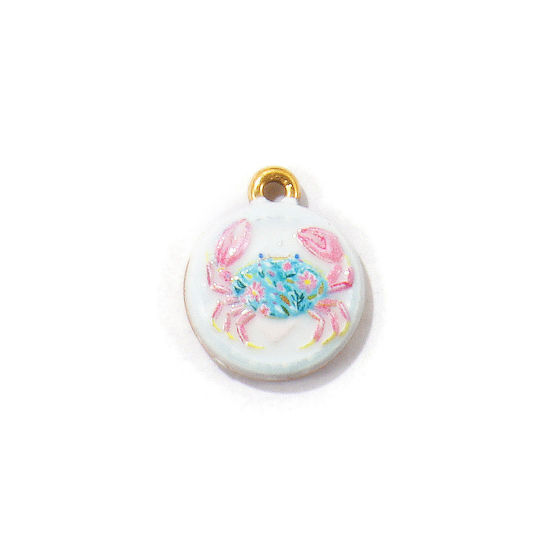 Picture of 2 PCs Eco-friendly PVD Waterproof Anti-Tarnish Hypoallergenic 304 Stainless Steel Ocean Jewelry Charms Wholesale 18K Real Gold Plated Multicolor Round Crab Printed 18mm x 15mm