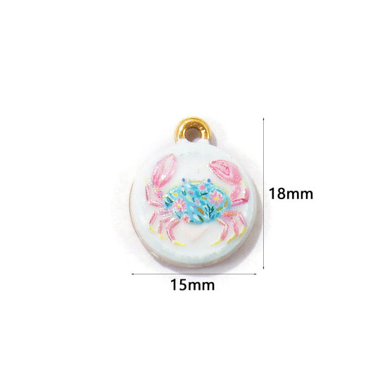 Picture of 2 PCs Eco-friendly PVD Waterproof Anti-Tarnish Hypoallergenic 304 Stainless Steel Ocean Jewelry Charms Wholesale 18K Real Gold Plated Multicolor Round Crab Printed 18mm x 15mm