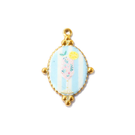 Picture of 2 PCs Eco-friendly PVD Waterproof Anti-Tarnish Hypoallergenic 304 Stainless Steel Charms Wholesale 18K Real Gold Plated Multicolor Oval Cup Printed 3.3cm x 2.1cm