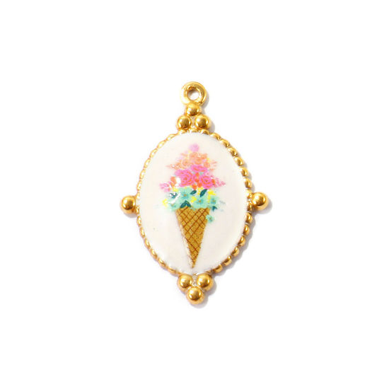 Picture of 2 PCs Eco-friendly PVD Waterproof Anti-Tarnish Hypoallergenic 304 Stainless Steel Charms Wholesale 18K Real Gold Plated Multicolor Oval Ice cream Printed 3.3cm x 2.1cm