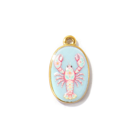 Picture of 2 PCs Eco-friendly PVD Waterproof Anti-Tarnish Hypoallergenic 304 Stainless Steel Ocean Jewelry Charms Wholesale 18K Real Gold Plated Multicolor Oval Lobster Printed 23mm x 14mm