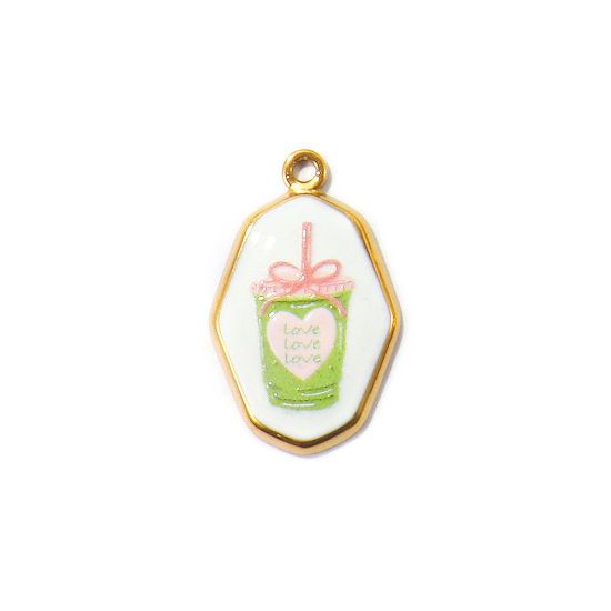Picture of 2 PCs Eco-friendly PVD Waterproof Anti-Tarnish Hypoallergenic 304 Stainless Steel Charms Wholesale 18K Real Gold Plated Green Polygon Beverages Printed 25mm x 16mm