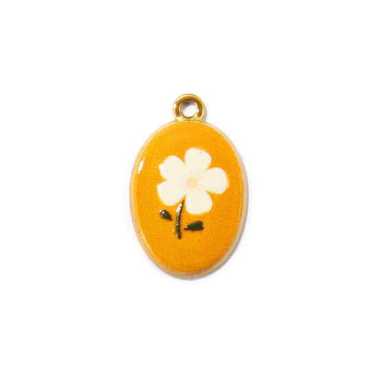 Picture of 2 PCs Eco-friendly PVD Waterproof Anti-Tarnish Hypoallergenic 304 Stainless Steel Charms Wholesale 18K Real Gold Plated Orange Oval Flower Printed 27mm x 17mm