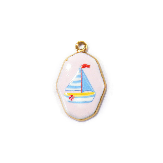 Picture of 2 PCs Eco-friendly PVD Waterproof Anti-Tarnish Hypoallergenic 304 Stainless Steel Charms Wholesale 18K Real Gold Plated Multicolor Polygon Sailing Boat Printed 25mm x 16mm
