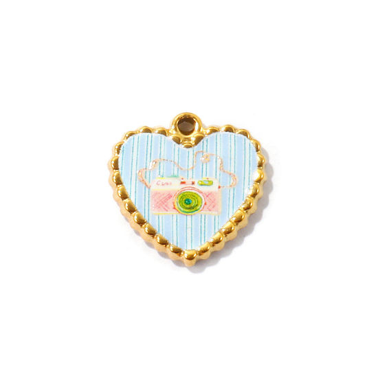 Picture of 2 PCs Eco-friendly PVD Waterproof Anti-Tarnish Hypoallergenic 304 Stainless Steel Valentine's Day Charms Wholesale 18K Real Gold Plated Multicolor Heart Camera Printed 21mm x 21mm