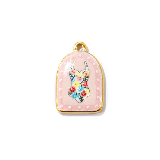 Picture of 2 PCs Eco-friendly PVD Waterproof Anti-Tarnish Hypoallergenic 304 Stainless Steel Clothes Charms Wholesale 18K Real Gold Plated Pink Half Ellipse Bikini Printed 23mm x 15mm