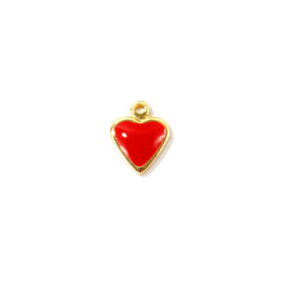 Bild von 10 Stück Umweltfreundlich Messing Valentinstag Charms Großhandel 18K Echtgold plattiert Rot Emaille Herz Mini 7mm x 6mm