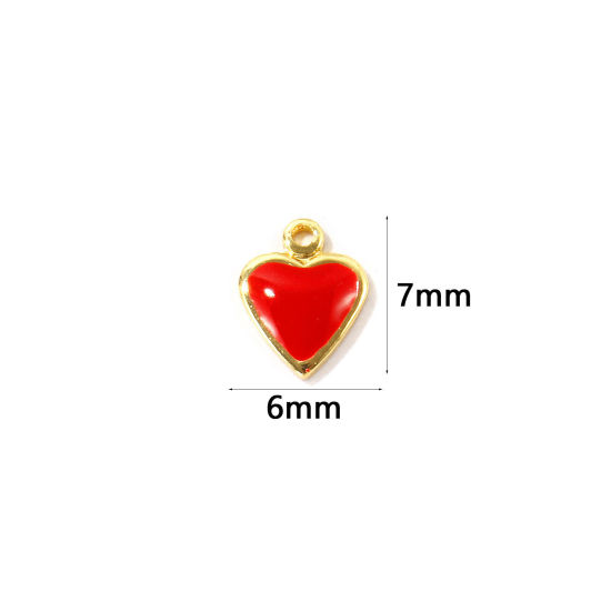 Bild von 10 Stück Umweltfreundlich Messing Valentinstag Charms Großhandel 18K Echtgold plattiert Rot Emaille Herz Mini 7mm x 6mm
