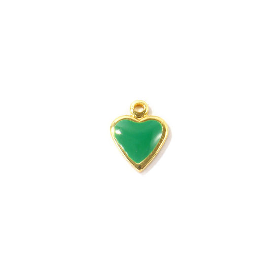 Bild von 10 Stück Umweltfreundlich Messing Valentinstag Charms Großhandel 18K Echtgold plattiert Grün Emaille Herz Mini 7mm x 6mm