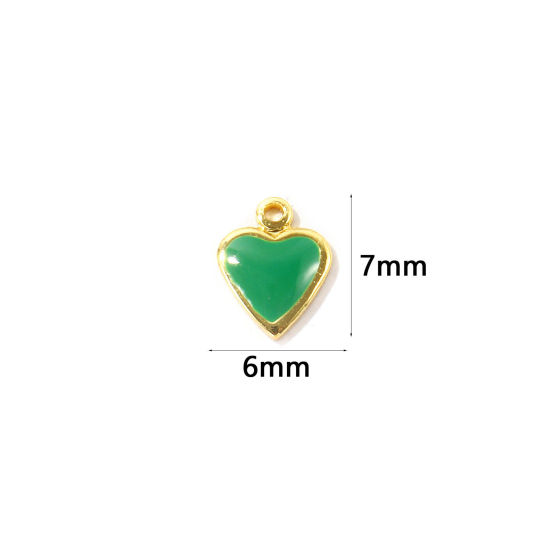 Bild von 10 Stück Umweltfreundlich Messing Valentinstag Charms Großhandel 18K Echtgold plattiert Grün Emaille Herz Mini 7mm x 6mm