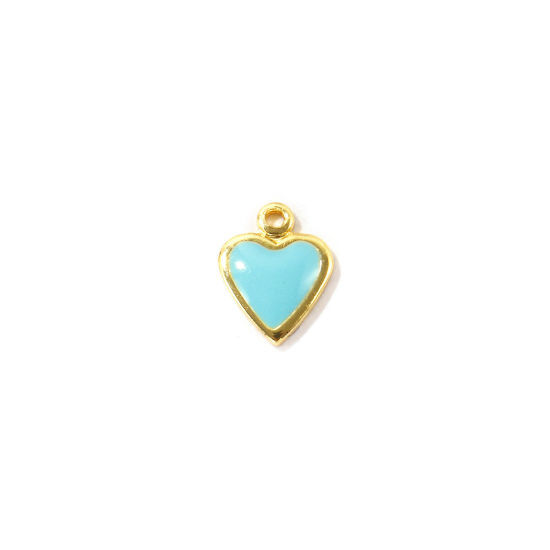 Bild von 10 Stück Umweltfreundlich Messing Valentinstag Charms Großhandel 18K Echtgold plattiert Blau Emaille Herz Mini 7mm x 6mm