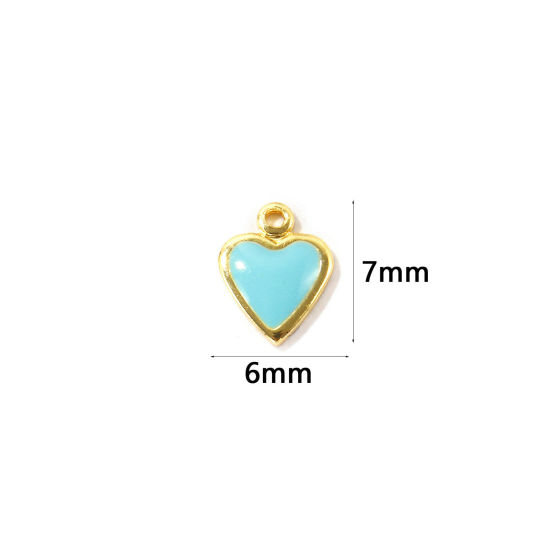 Bild von 10 Stück Umweltfreundlich Messing Valentinstag Charms Großhandel 18K Echtgold plattiert Blau Emaille Herz Mini 7mm x 6mm
