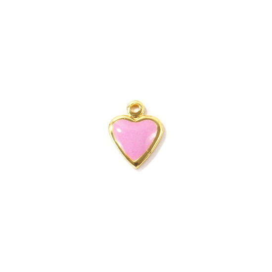 Bild von 10 Stück Umweltfreundlich Messing Valentinstag Charms Großhandel 18K Echtgold plattiert Helllila Emaille Herz Mini 7mm x 6mm