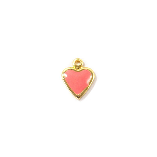 Bild von 10 Stück Umweltfreundlich Messing Valentinstag Charms Großhandel 18K Echtgold plattiert Orange Rosa Emaille Herz Mini 7mm x 6mm
