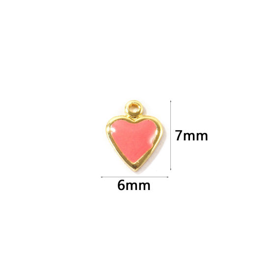 Bild von 10 Stück Umweltfreundlich Messing Valentinstag Charms Großhandel 18K Echtgold plattiert Orange Rosa Emaille Herz Mini 7mm x 6mm