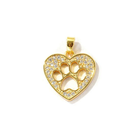 Immagine di 2 Pz Ecologico Ottone Memoriale dell'animale Ciondoli Pendenti All'Ingrosso Placcato Oro 18K Cuore Orma di Zampa Micro Spianare Trasparente Cubic Zirconiae 22mm x 17mm