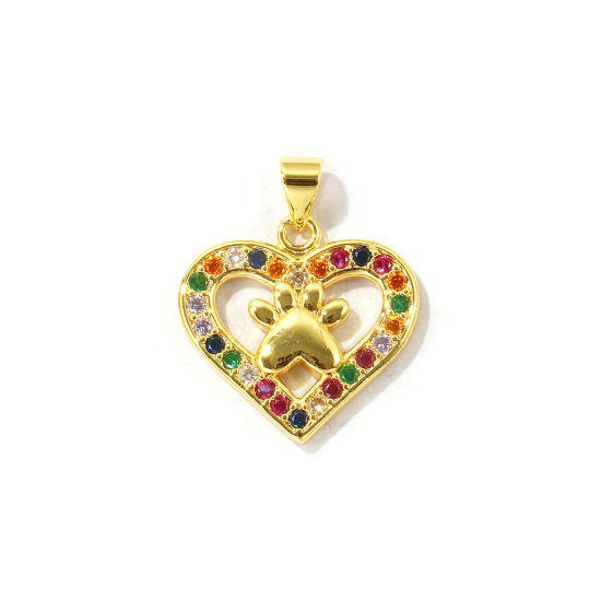 Immagine di 2 Pz Ecologico Ottone Memoriale dell'animale Ciondoli Pendenti All'Ingrosso Placcato Oro 18K Cuore Orma di Zampa Micro Spianare Multicolore Cubic Zirconiae 24mm x 20mm