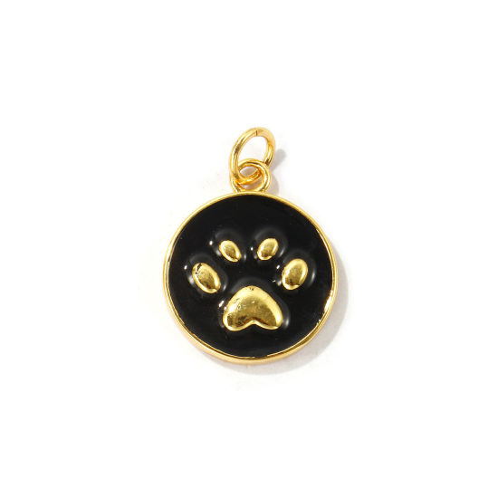 Immagine di 2 Pz Ecologico Ottone Memoriale dell'animale Ciondoli All'Ingrosso Placcato Oro 18K Nero Tondo Orma di Zampa Smalto 25mm x 17mm