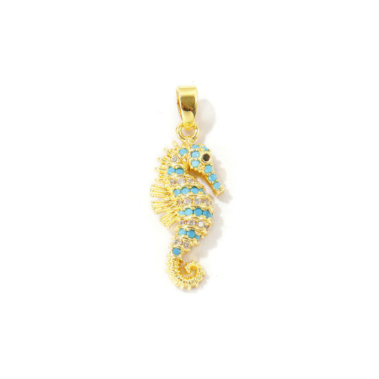 Bild von 2 Stück Umweltfreundlich Messing Ozean Schmuck Charm-Anhänger Großhandel 18K Echtgold plattiert Seepferdchen Micro Pave Blau Kubischer Zirkon 28mm x 10mm