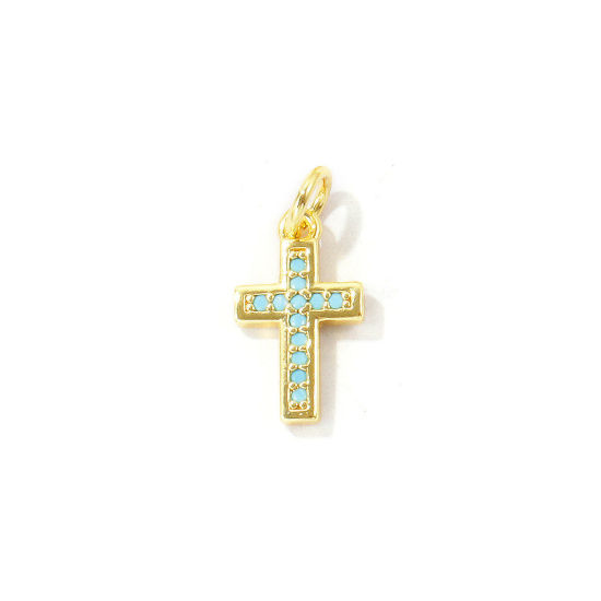 Bild von 2 Stück Umweltfreundlich Messing Religiös Charm-Anhänger Großhandel 18K Echtgold plattiert Kreuz Micro Pave Blau Kubischer Zirkon 18mm x 8.5mm