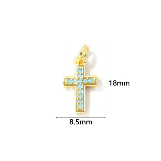 Bild von 2 Stück Umweltfreundlich Messing Religiös Charm-Anhänger Großhandel 18K Echtgold plattiert Kreuz Micro Pave Blau Kubischer Zirkon 18mm x 8.5mm