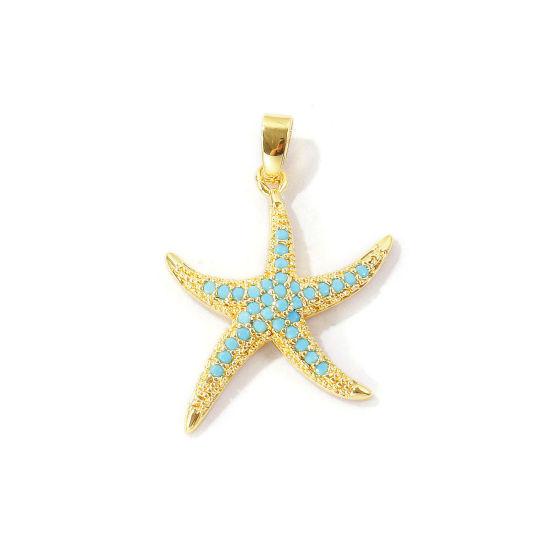 Bild von 2 Stück Umweltfreundlich Messing Ozean Schmuck Charm-Anhänger Großhandel 18K Echtgold plattiert Seesterne Micro Pave Blau Kubischer Zirkon 29mm x 20mm