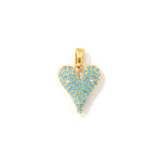 Bild von 2 Stück Messing Valentinstag Charm-Anhänger Großhandel 18K Vergoldet Herz Micro Pave Blau Kubischer Zirkon 19mm x 12mm