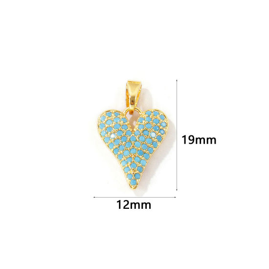 Bild von 2 Stück Messing Valentinstag Charm-Anhänger Großhandel 18K Vergoldet Herz Micro Pave Blau Kubischer Zirkon 19mm x 12mm