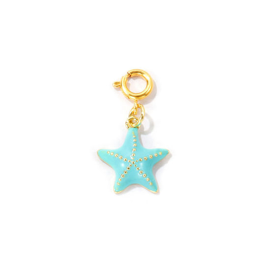 Bild von 1 Stück Umweltfreundlich Messing Ozean Schmuck Charms Großhandel 18K Echtgold plattiert Cyan Seesterne Mit Federringverschluss 28mm x 15mm