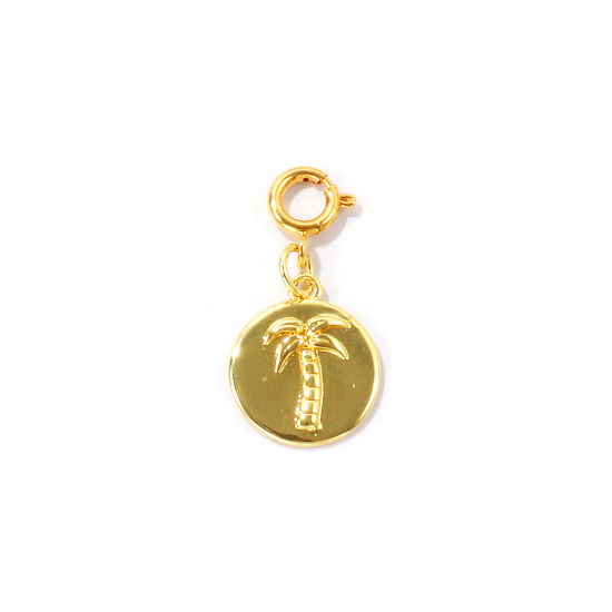 Bild von 1 Stück Umweltfreundlich Messing Charms Großhandel 18K Echtgold plattiert Rund Kokospalme Mit Federringverschluss 29mm x 14mm