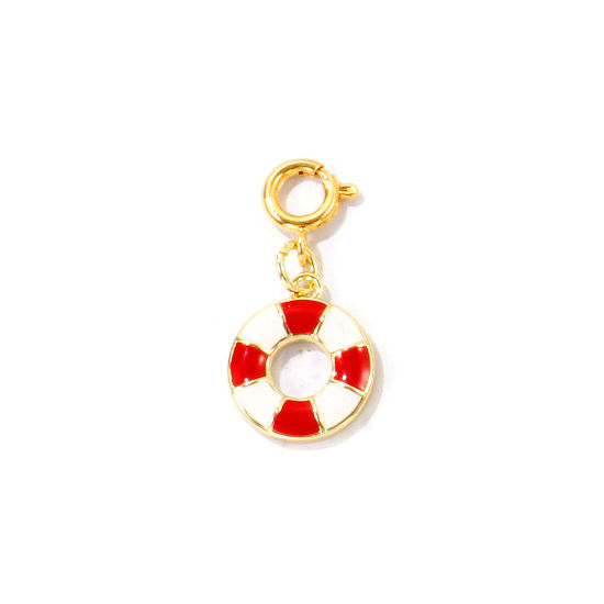 Bild von 1 Stück Umweltfreundlich Messing Charms Großhandel 18K Echtgold plattiert Weiß & Rot Schwimmring Mit Federringverschluss 27mm x 13mm