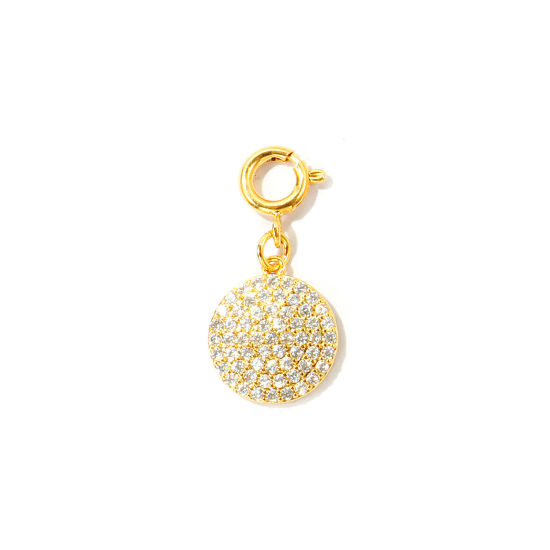 Bild von 1 Stück Umweltfreundlich Messing Micro Pave Charms Großhandel 18K Echtgold plattiert Rund Mit Federringverschluss Klar Kubischer Zirkon 26mm x 12.5mm