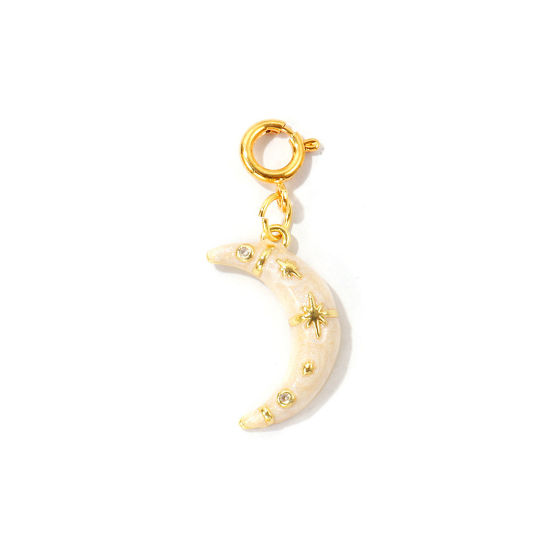 Bild von 1 Stück Umweltfreundlich Messing Galaxis Anhänger Großhandel 18K Echtgold plattiert Weiß Halbmond Stern Mit Federringverschluss 3.3cm x 1.2cm