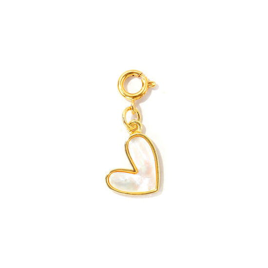 Bild von 1 Stück Umweltfreundlich Natürliche Muschel & Messing Valentinstag Charms Großhandel 18K Echtgold plattiert Weiß Herz Mit Federringverschluss 28mm x 12mm
