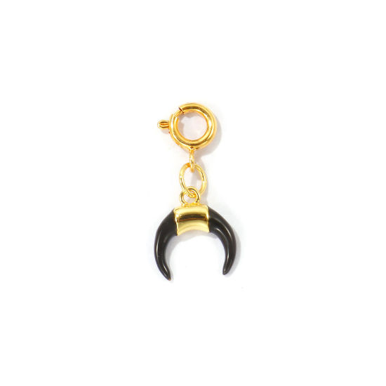 Bild von 1 Stück Umweltfreundlich Messing West-Cowboy Charms Großhandel 18K Echtgold plattiert Schwarz Halbmond Doppelhorn Mit Federringverschluss 25mm x 11.5mm