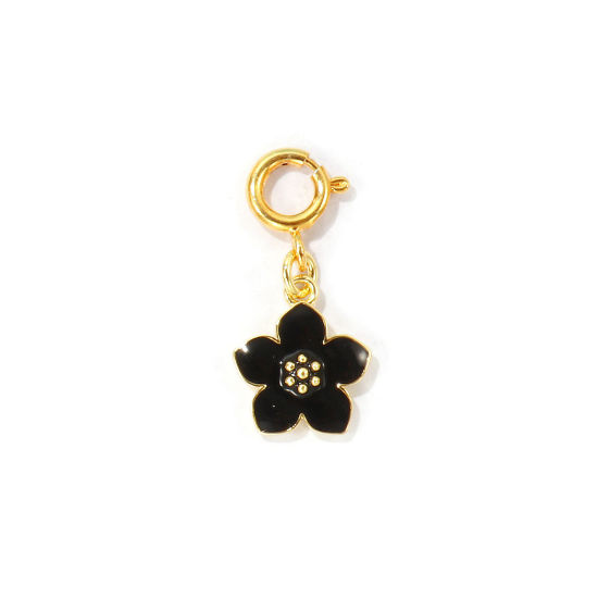 Bild von 1 Stück Umweltfreundlich Messing Charms Großhandel 18K Echtgold plattiert Schwarz Blumen Mit Federringverschluss 24mm x 11mm