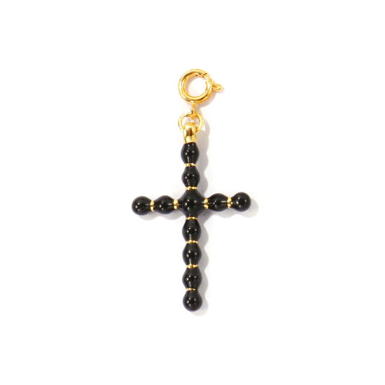 Bild von 1 Stück Umweltfreundlich Messing Religiös Anhänger Großhandel 18K Echtgold plattiert Schwarz Kreuz Mit Federringverschluss 4.7cm x 2.3cm