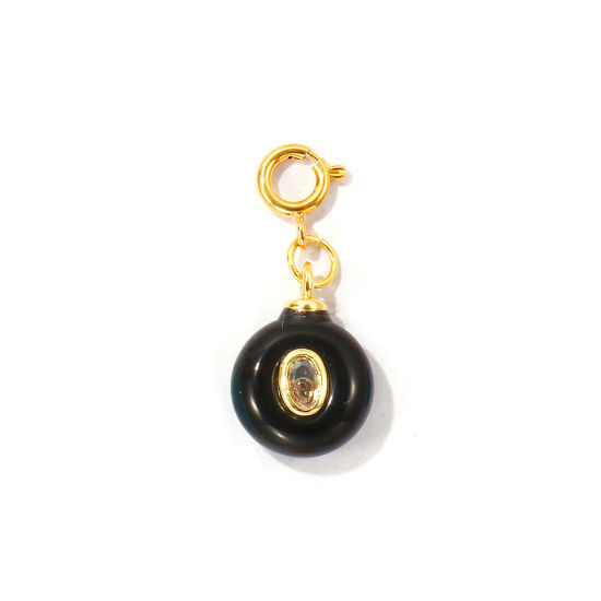 Bild von 1 Stück Umweltfreundlich Messing und Edelstein Anhänger Großhandel 18K Echtgold plattiert Schwarz Rund Mit Federringverschluss Klar Kubischer Zirkon 3cm x 1.3cm