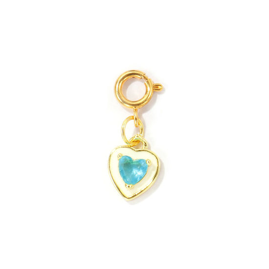 Bild von 1 Stück Umweltfreundlich Messing Valentinstag Charms Großhandel 18K Echtgold plattiert Weiß Herz Mit Federringverschluss Blau Kubischer Zirkon 24mm x 9mm