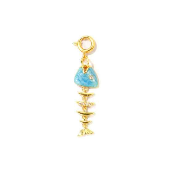Bild von 1 Stück Umweltfreundlich Messing Ozean Schmuck Anhänger Großhandel 18K Echtgold plattiert Blau Gräte Mit Federringverschluss Klar Kubischer Zirkon 3.9cm x 1cm