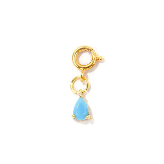 Bild von 1 Stück Umweltfreundlich Messing Charms Großhandel 18K Echtgold plattiert Tropfen Mit Federringverschluss Blau Kubischer Zirkon 21cm x 5cm