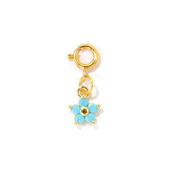 Bild von 1 Stück Umweltfreundlich Messing Charms Großhandel 18K Echtgold plattiert Blumen Mit Federringverschluss Blau Kubischer Zirkon 22mm x 8mm