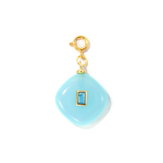 Bild von 1 Stück Umweltfreundlich Messing und Edelstein Anhänger Großhandel 18K Echtgold plattiert Blau Raute Mit Federringverschluss Blau Kubischer Zirkon 3.9cm x 2.2cm